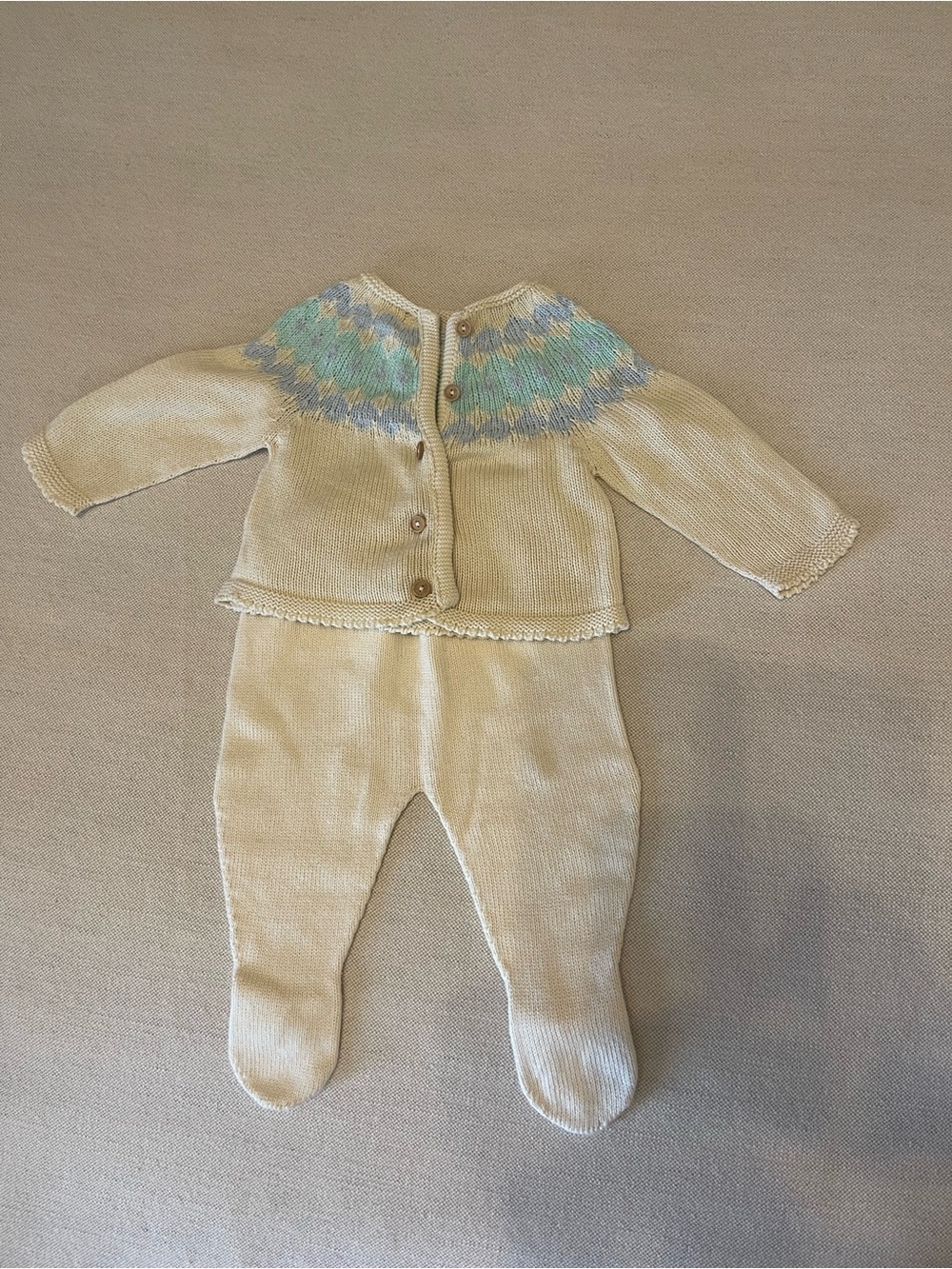 Cream Knit Baby Footie Set with Blue & Green Yoke